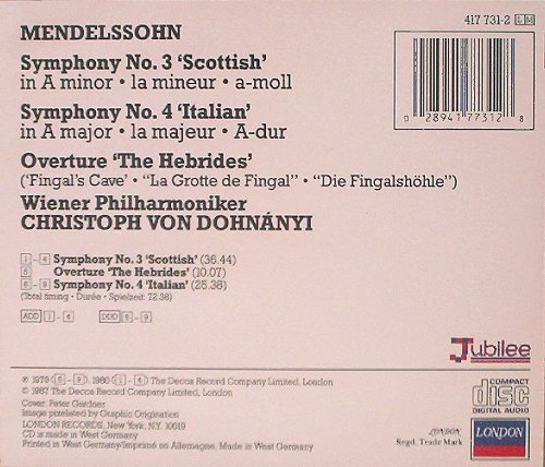 Mendelssohn Dohnanyi Vpo/Symphonies 3 " Scottish " & 4 " Italian "