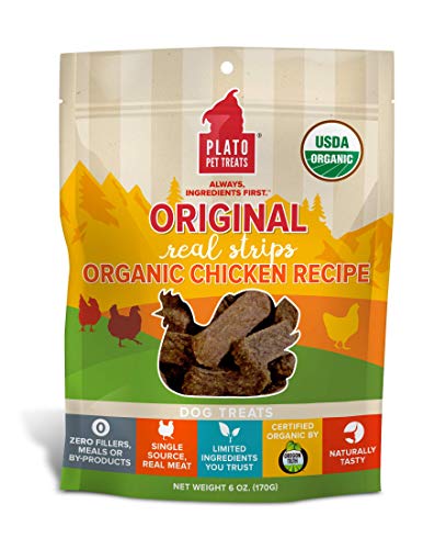 Plato Pet Treats Real Strips Organic Chicken Meat Bar Dog Treats