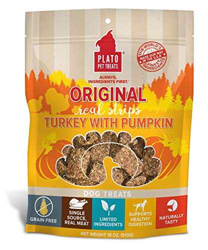 Plato Pet Treats Real Strips Turkey with Pumpkin Meat Bar Dog Treats