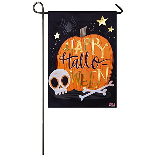 Evergreen Happy Halloween Skull and Crossbones Garden Flag