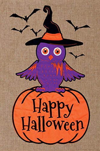 Evergreen Happy Halloween Owl Burlap Garden Flag