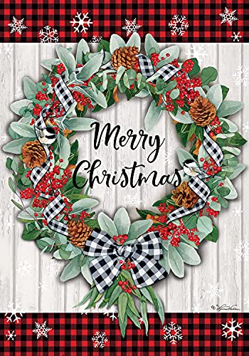 Evergreen Merry Christmas Gingham Wreath Garden Flag