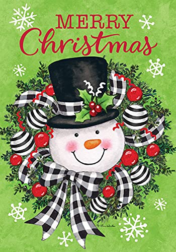 Evergreen Merry Christmas Snowman Wreath Garden Flag