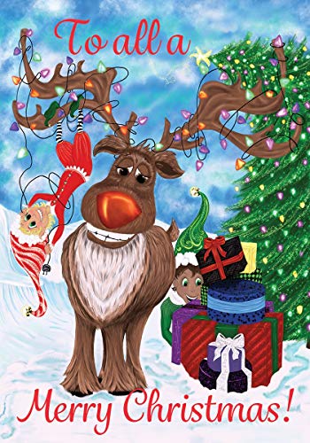 Evergreen Merry Christmas Elves & Reindeer Garden Flag