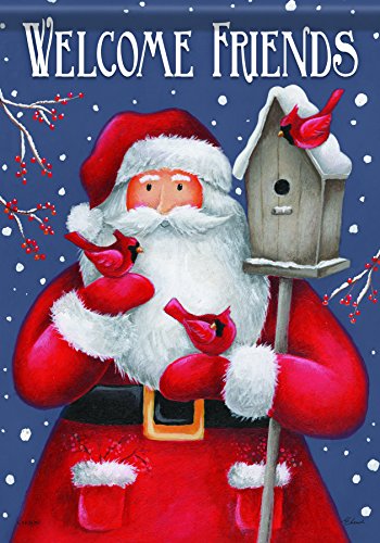 Carson Welcome Friends Santa & Birdhouse Christmas Garden Flag