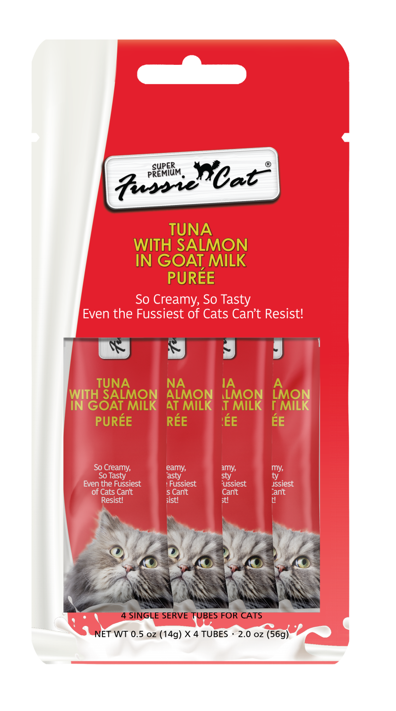 Fussie Cat Purée Cat Treat - Hydrating Easy Squeeze Treat or Meal Topper - Premium Tuna with Salmon in Goat Milk-2.0 oz