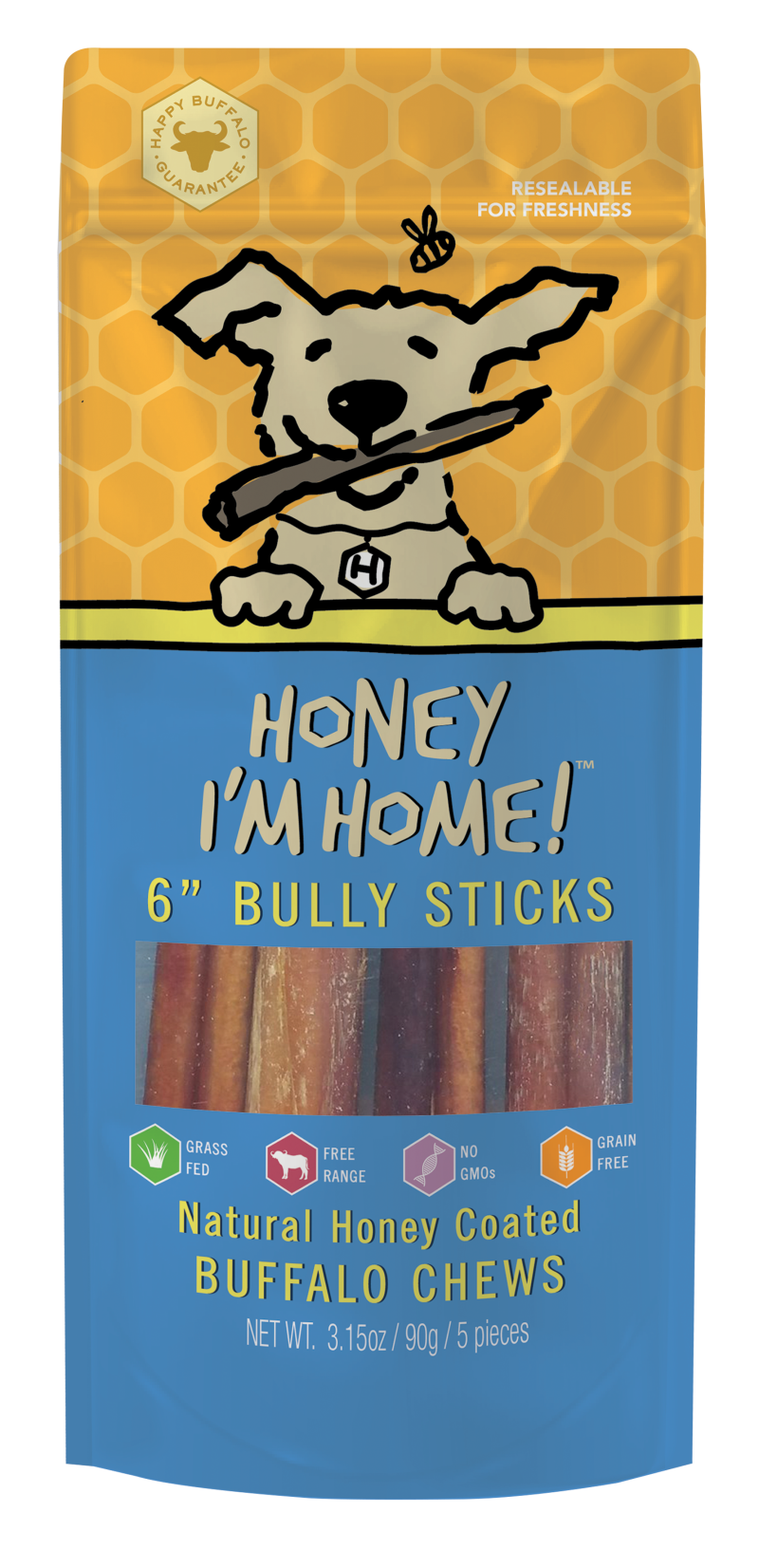 Honey I'm Home Honey Coated Buffalo Bully Stick 6" (5ct)