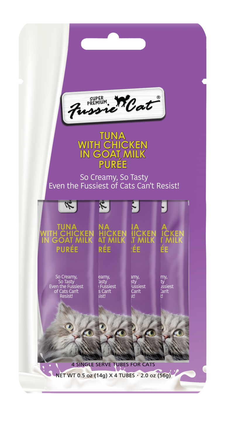 Fussie Cat Purée Cat Treat - Hydrating Easy Squeeze Treat or Meal Topper - Premium Tuna with Chicken in Goat Milk-2.0 oz