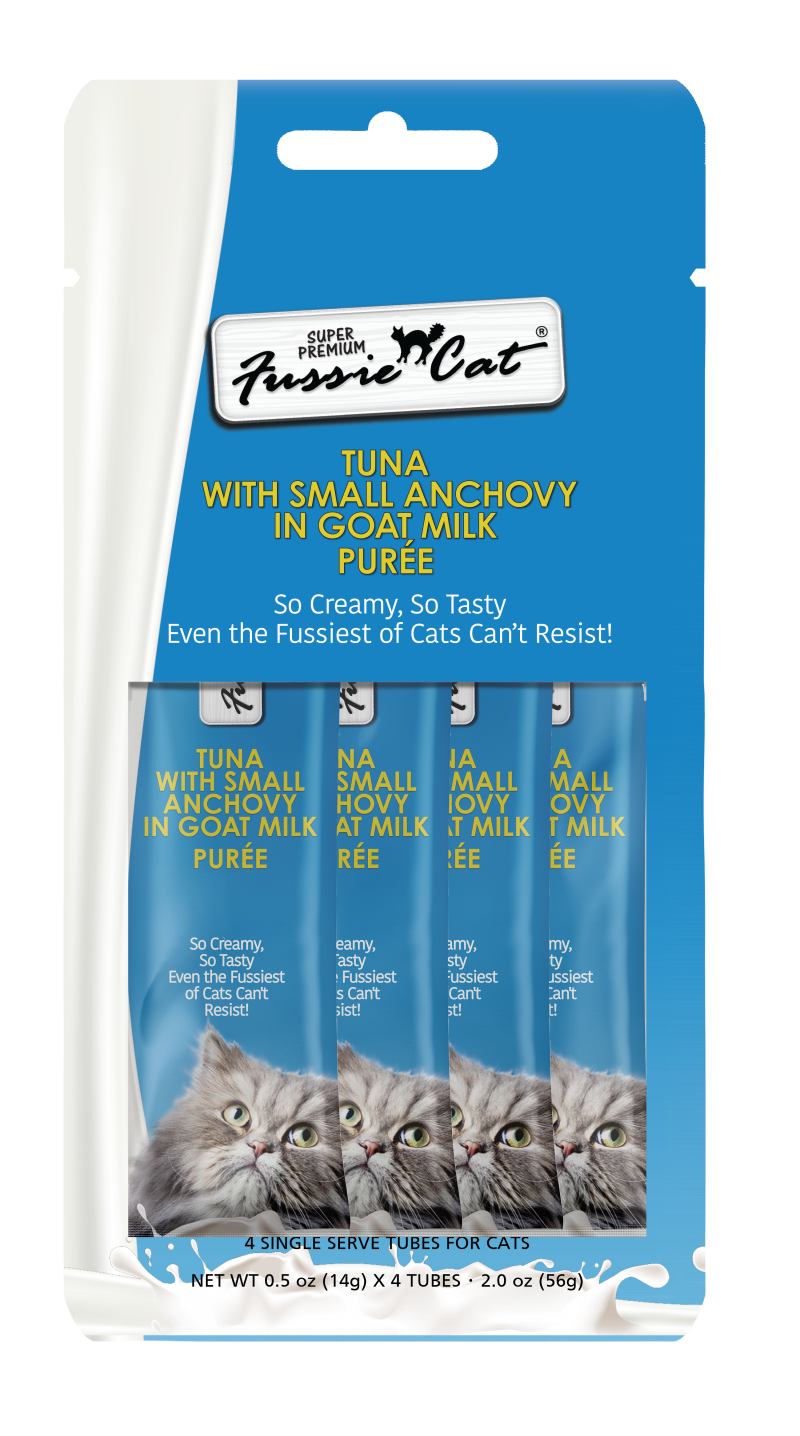 Fussie Cat Purée Cat Treat - Hydrating Easy Squeeze Treat or Meal Topper - Premium Tuna with Small Anchovies in Goat Milk-2.0 oz