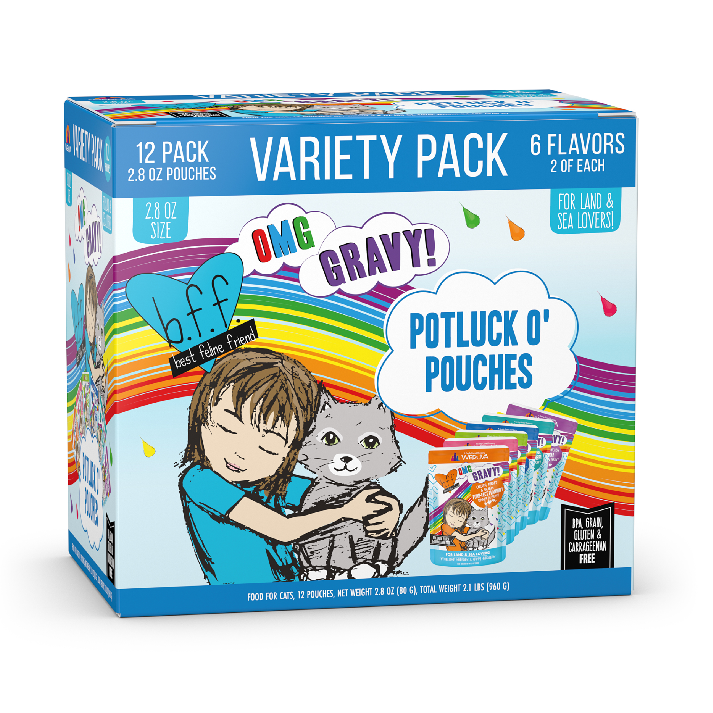 B.F.F. Best Feline Friend OMG Gravy! Wet Cat Food, Variety Pack, Potluck O' Pouches, 2.8-oz, 12-pack-