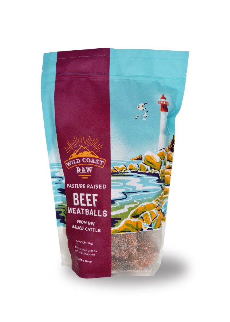Wild Coast Raw Frozen Dog Food, Meatballs, Beef, 3-