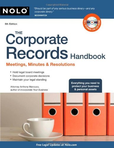 Anthony Mancuso Corporate Records Handbook The Meetings Minutes & Resolutions [with Cdrom] 0005 Edition; 
