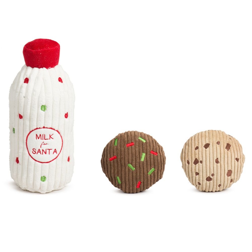 HuggleHounds Plush Dog Toy Set - Durable with Tuffut Technology® & Squeakers - Christmas Santa Paws Milk & Cookies