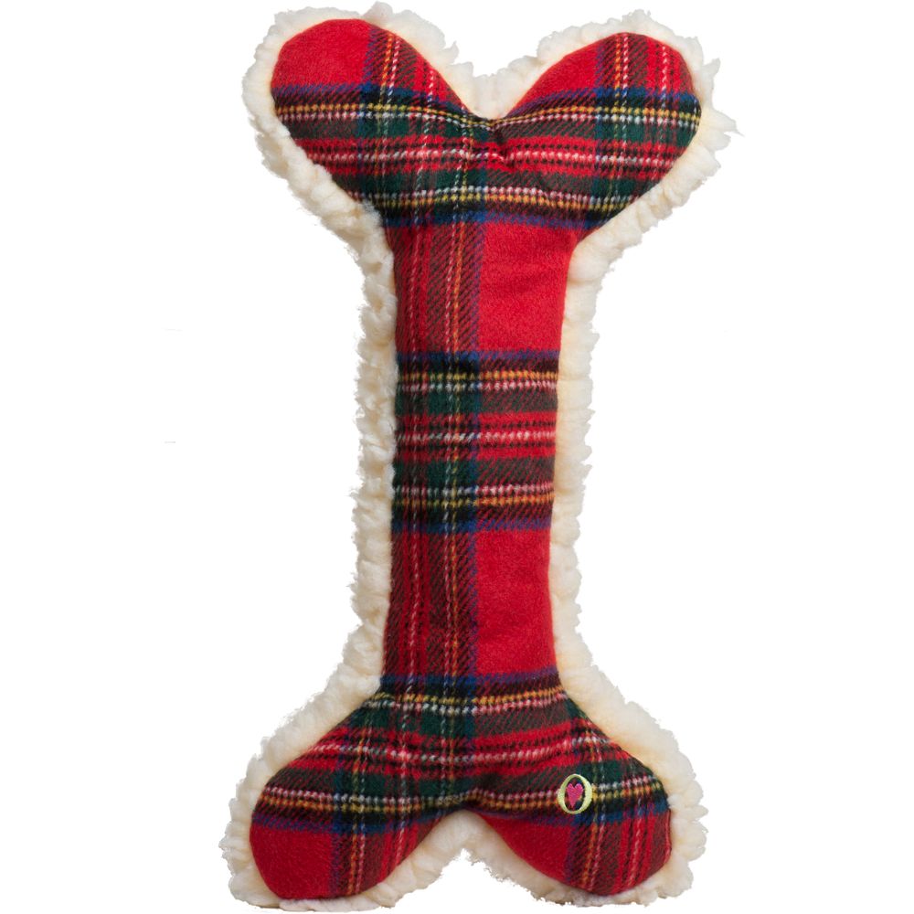 HuggleHounds Plush Dog Toy - Durable with HuggleFleece & Squeaker - Christmas Tartan Tidings Bone