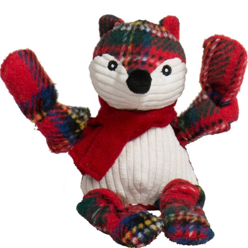 HuggleHounds Knotties® Plush Dog Toy - Durable with Tuffut Technology & Multiple Squeakers - Christmas Tartan Fox