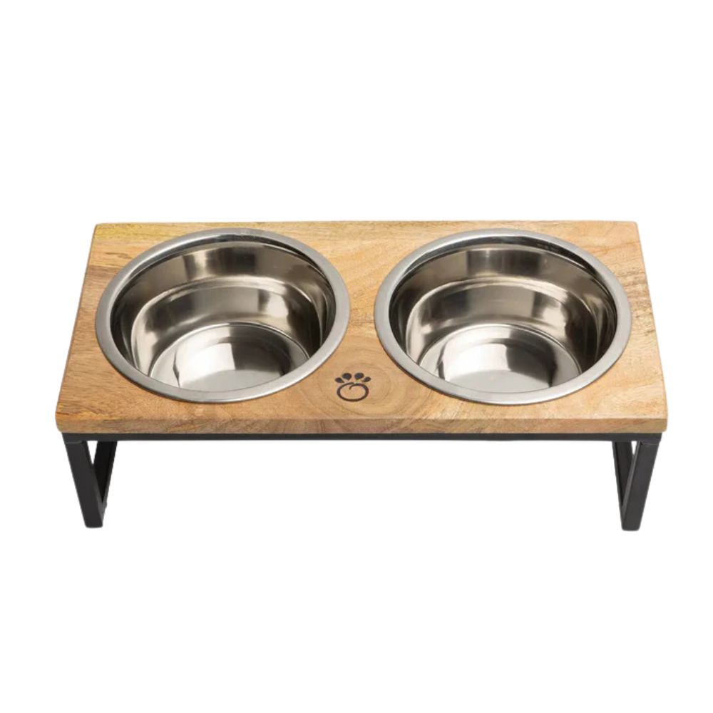 GF Pet Elevated Double Feeder for Dogs & Cats - Handcrafted Durable Mango Wood with Stainless Steel Bowls