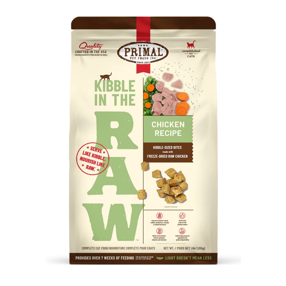 Primal Kibble in the Raw Cat Food - Premium Freeze Dried Raw Nutrition with Whole Ingredients - Chicken Recipe - 1.5 lbs Bag