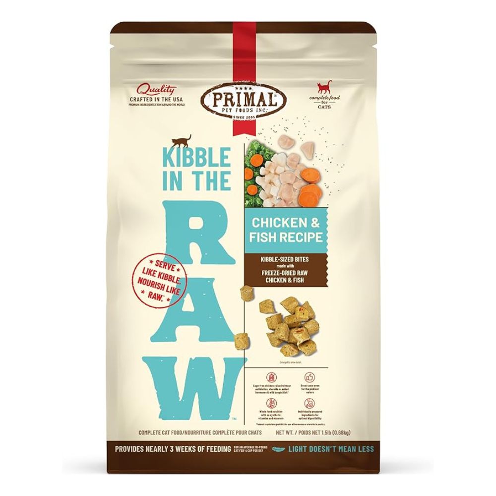 Primal Kibble in the Raw Cat Food - Premium Freeze Dried Raw Nutrition with Whole Ingredients - Chicken & Fish Recipe - 1.5 lbs Bag