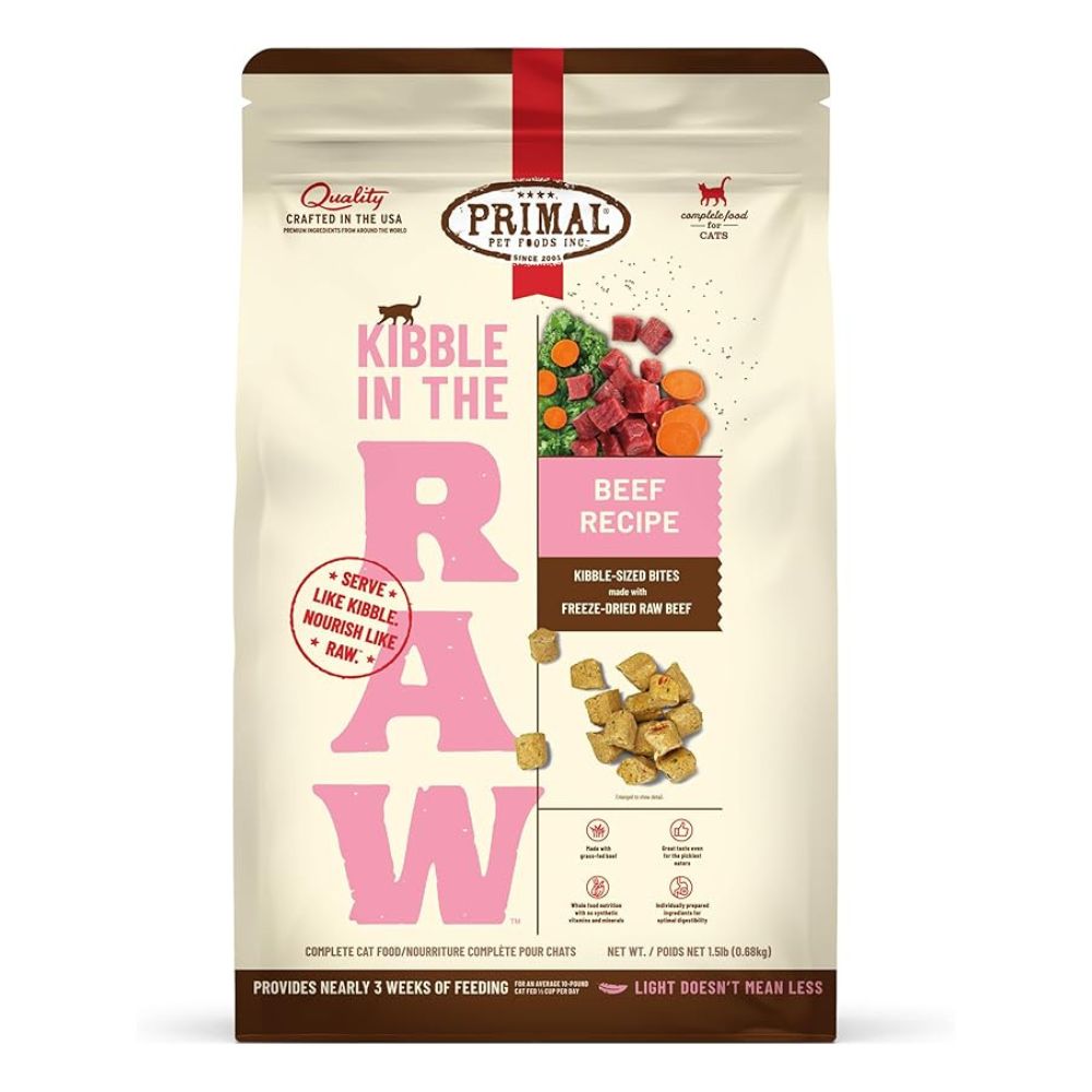 Primal Kibble in the Raw Cat Food - Premium Freeze Dried Raw Nutrition with Whole Ingredients - Beef Recipe - 1.5 lbs Bag