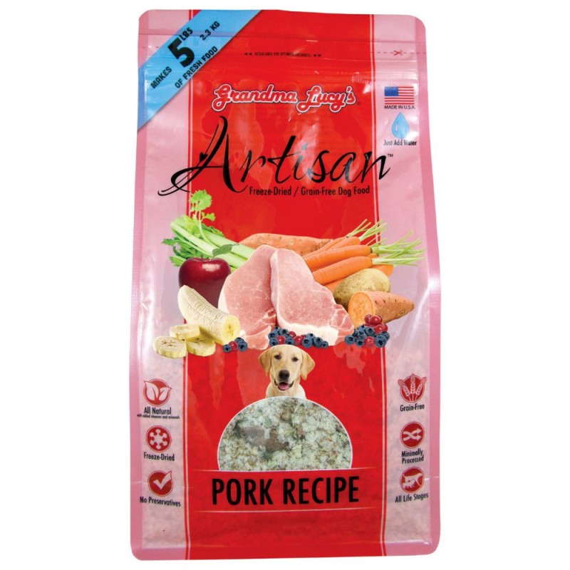 Grandma Lucy's Artisan Freeze Dried Fresh Dog Food - Grain Free All Natural Ingredients - Pork Recipe - 1 lbs Bag