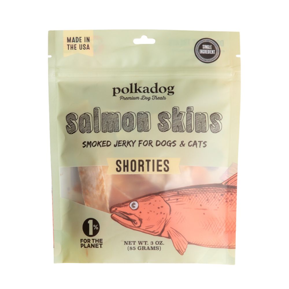 Polkadog Pet Treat for Dogs & Cats - Single Ingredient & High Protein Smoked Jerky - Salmon Skins Shorties