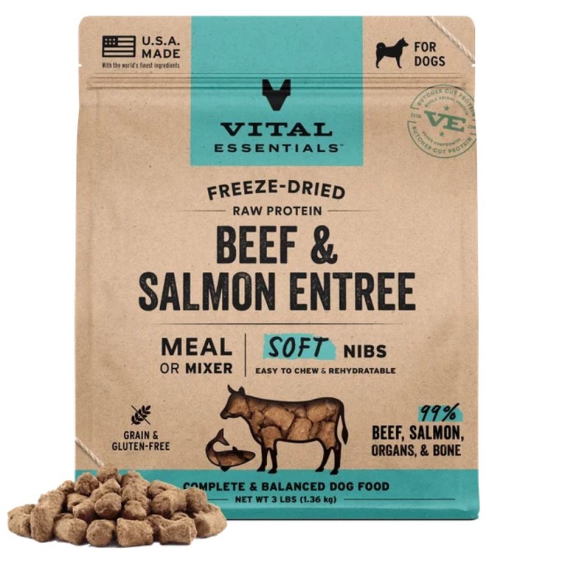 Vital Essentials Freeze Dried Raw Dog Food - High Protein & Grain Free Soft Nibs - Beef & Salmon Entrée