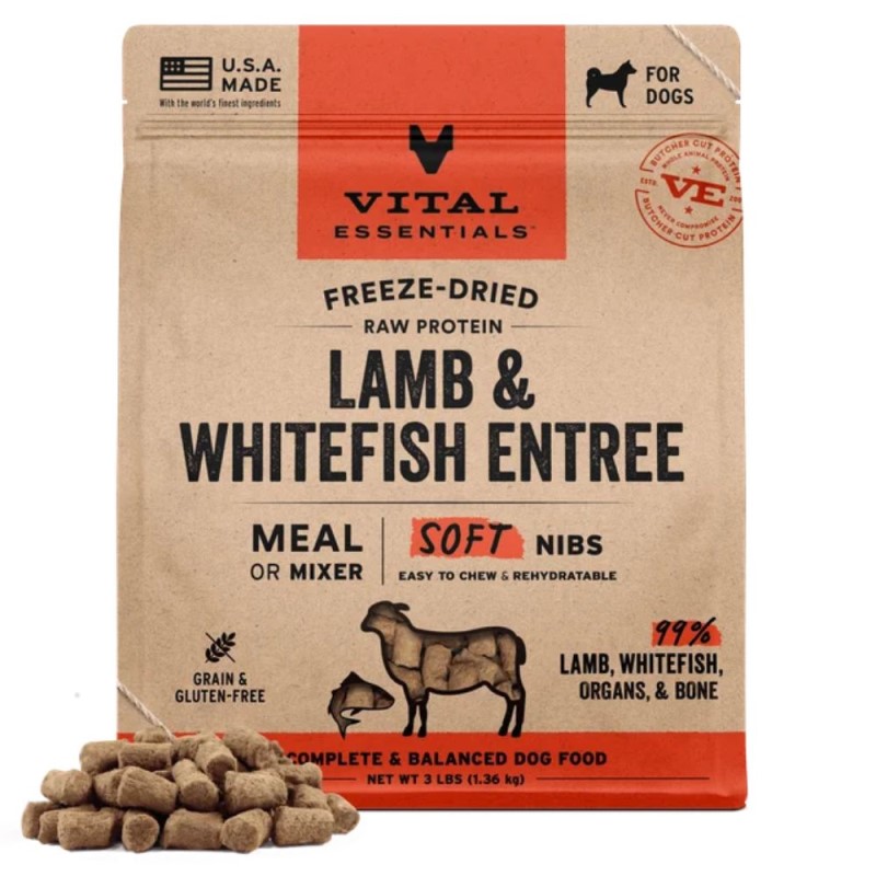 Vital Essentials Freeze Dried Raw Dog Food - High Protein & Grain Free Soft Nibs - Lamb & Whitefish Entrée