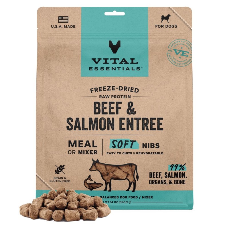 Vital Essentials Freeze Dried Raw Dog Food - High Protein & Grain Free Soft Nibs - Beef & Salmon Entrée