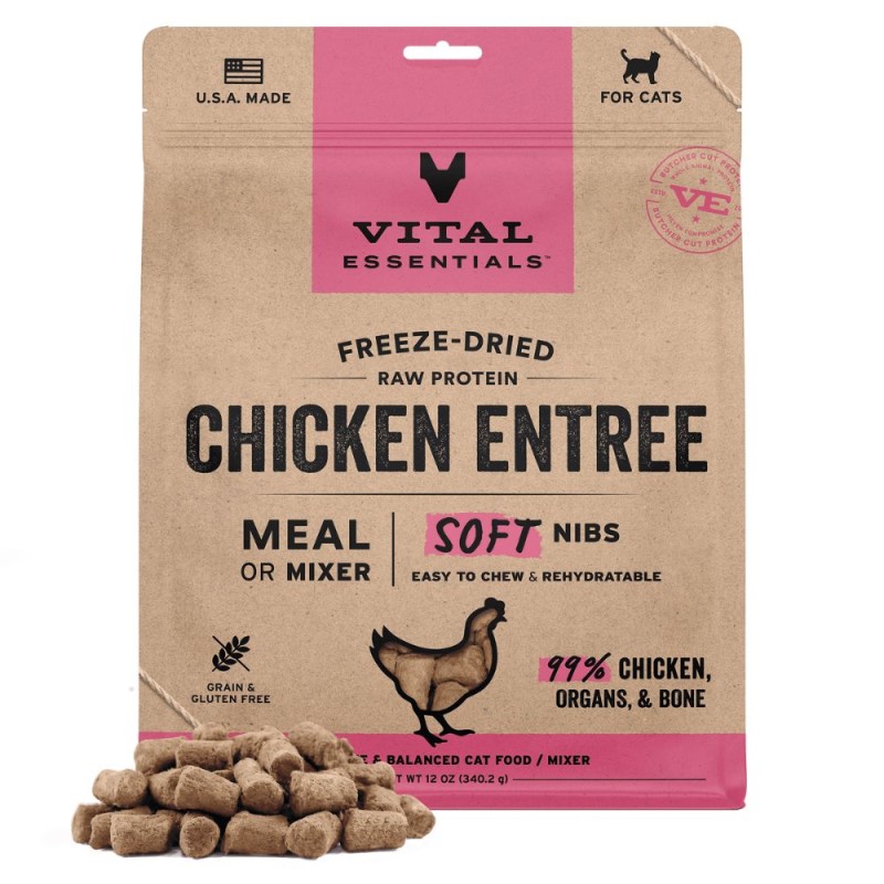 Vital Essentials Freeze Dried Raw Cat Food - High Protein & Grain Free Soft Nibs - Chicken Entrée