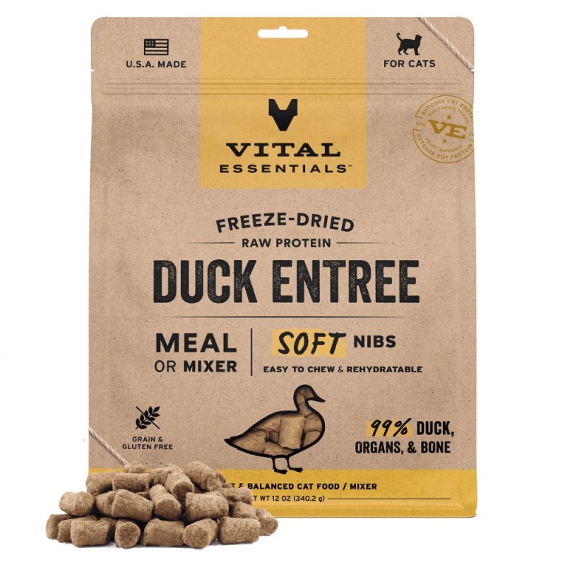 Vital Essentials Freeze Dried Raw Cat Food - High Protein & Grain Free Soft Nibs - Duck Entrée