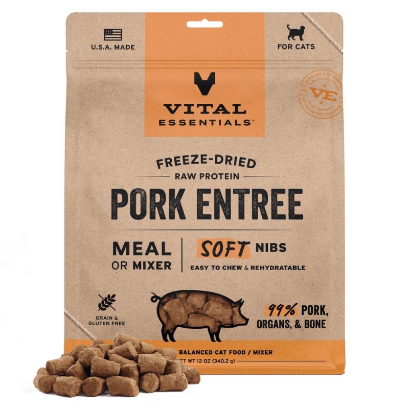 Vital Essentials Freeze Dried Raw Cat Food - High Protein & Grain Free Soft Nibs - Pork Entrée
