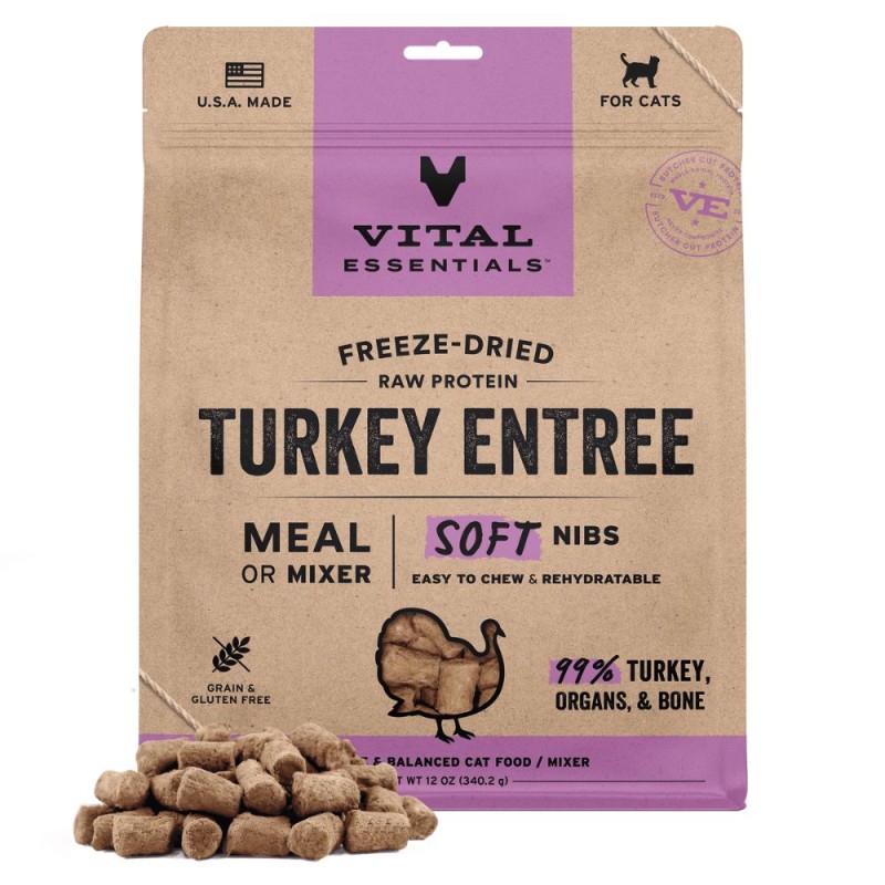 Vital Essentials Freeze Dried Raw Cat Food - High Protein & Grain Free Soft Nibs - Turkey Entrée