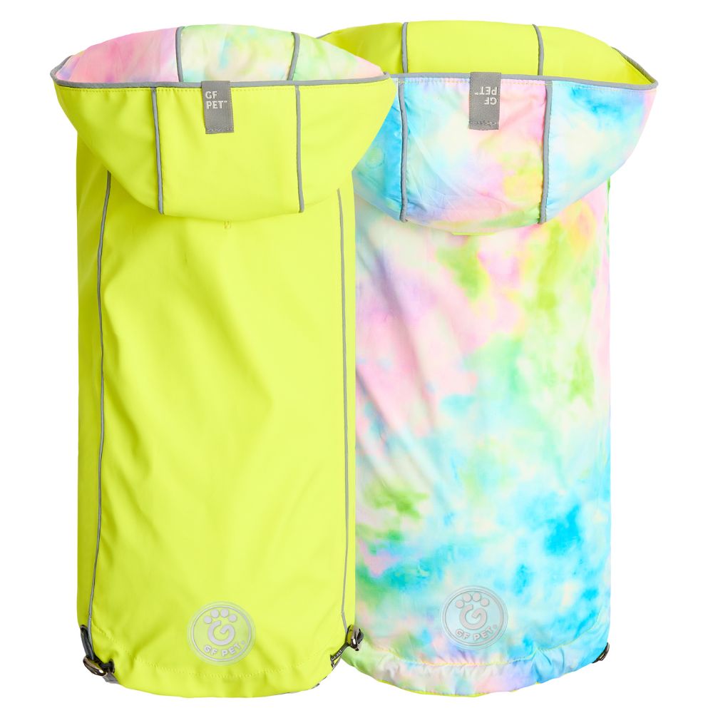 GF Pet Reversible Dog Raincoat - Waterproof, Reflective & Adjustable Fit - Neon Yellow & Tie Dye