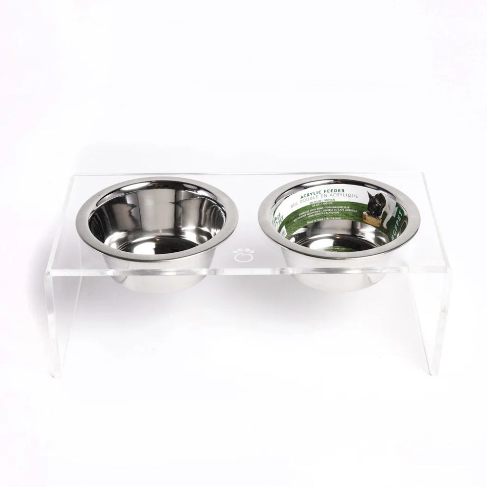 GF Pet Modern Elevated Double Feeder for Dogs & Cats - Clear Acrylic Stand with Stainless Steel Bowls