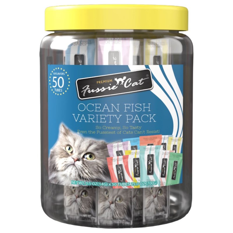 Fussie Cat Purée Cat Treat - Hydrating Easy Squeeze Treat or Meal Topper - Ocean Fish Variety Pack