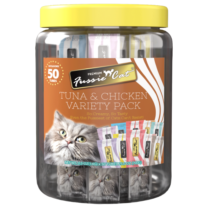 Fussie Cat Purée Cat Treat - Hydrating Easy Squeeze Treat or Meal Topper - Tuna & Chicken Variety Pack