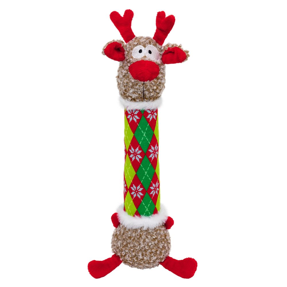 KONG Shakers Plush Dog Toy - Squeaky, Crinkle & Soft Textures - Christmas Argyle Reindeer