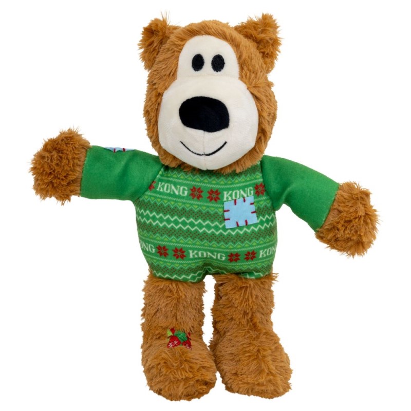 KONG Wild Knots Plush Dog Toy - Durable Squeaky & Soft Rope for Tugging, Thrashing & Cuddling - Christmas Sweater Bear