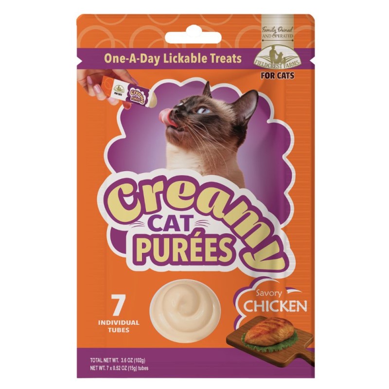 Fieldcrest Farms Creamy Cat Purees - Hydrating Lickable Squeeze Treats - Savory Chicken - 7 pack