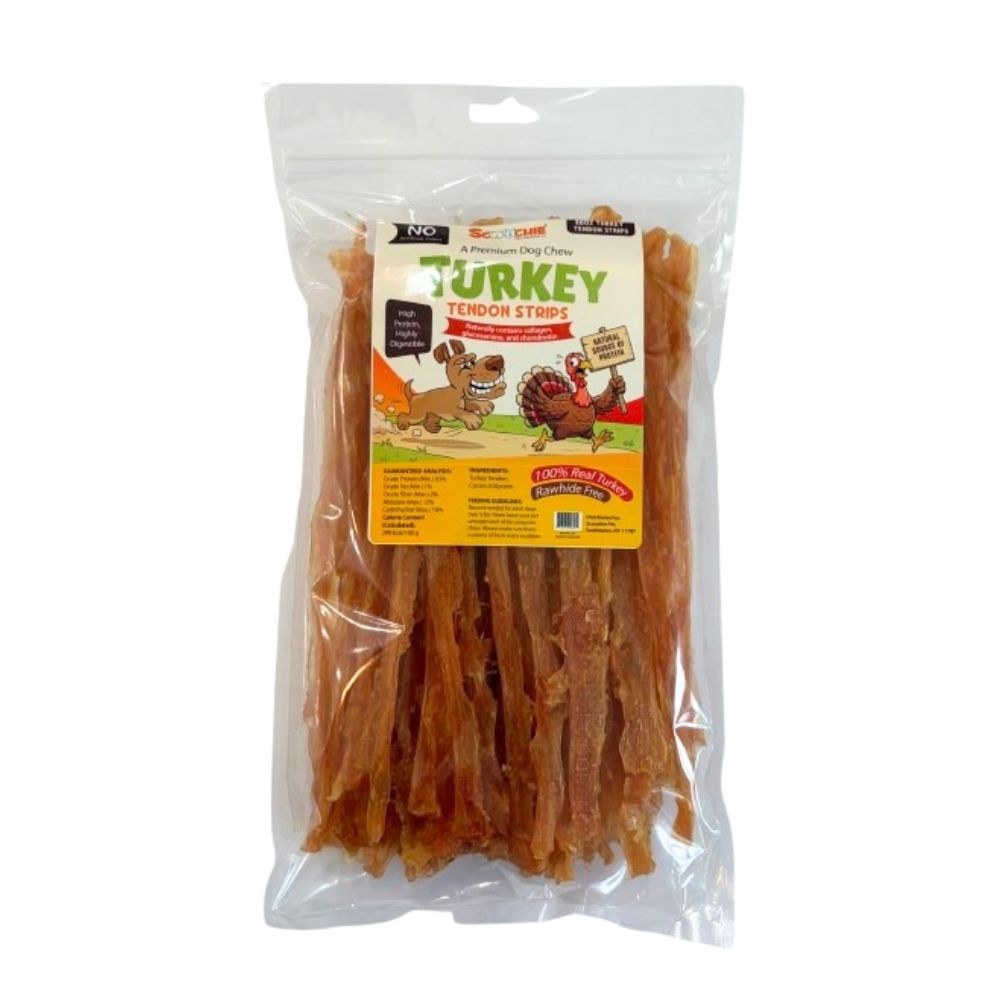 Scoochie Pet Premium Dog Chew - Natural High Protein & Rawhide Free - Turkey Tendon Strips