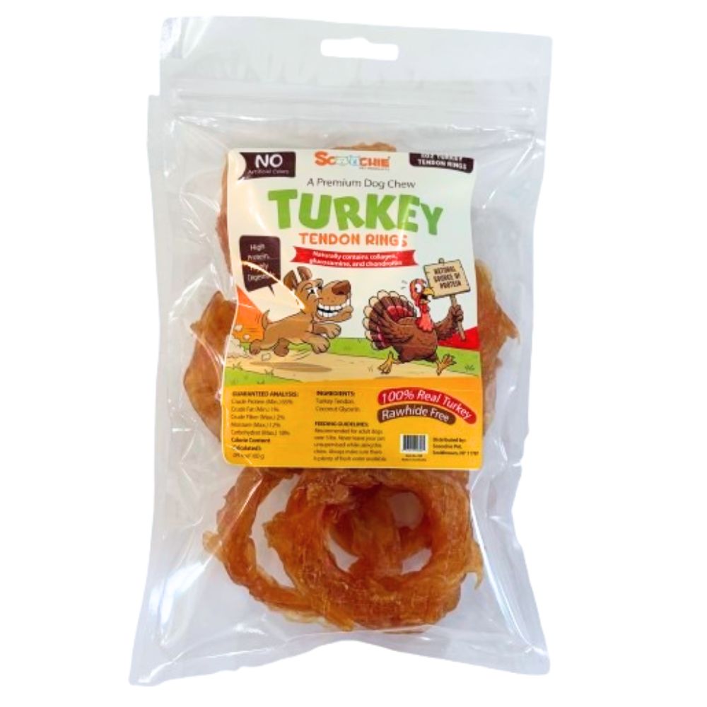 Scoochie Pet Premium Dog Chew - Natural High Protein & Rawhide Free - Turkey Tendon Rings