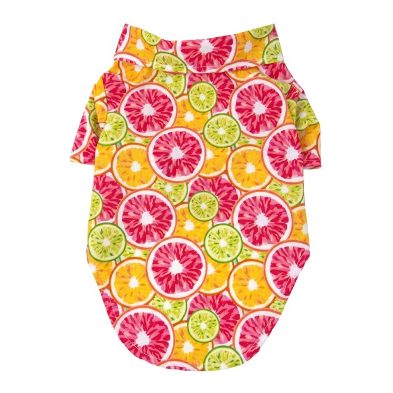 Doggie Design Hawaiian Dog Camp Shirt - 100% Cotton Sun Protection Apparel with Leash Access - Citrus Slice