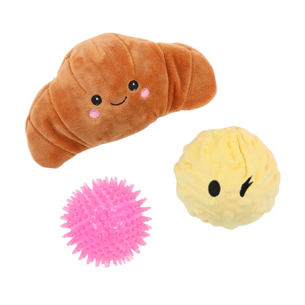 Patchwork Pet Prickles Plush Dog Toy - Soft & Interactive with Hidden Rubber Ball - Croissant with Butter