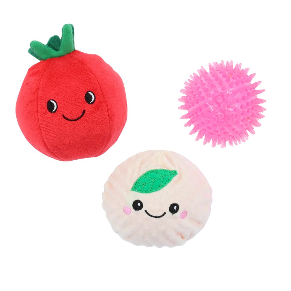 Patchwork Pet Prickles Plush Dog Toy - Soft & Interactive with Hidden Rubber Ball - Tomato & Mozzarella Cheese Ball