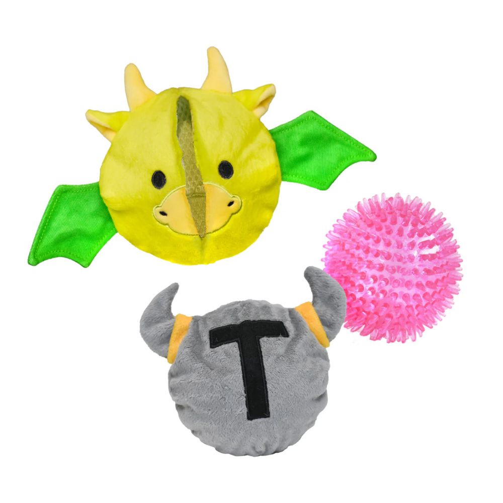 Patchwork Pet Prickles Plush Dog Toy - Soft & Interactive with Hidden Rubber Ball - Dragon with Knight
