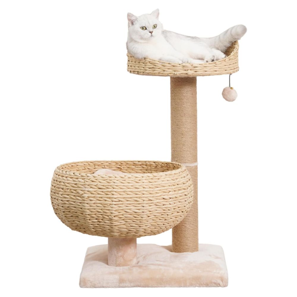 PetPals Cozy V2 3 Level Cat Tree - Handwoven Paper Rope with Perch, Basket & Scratching Post
