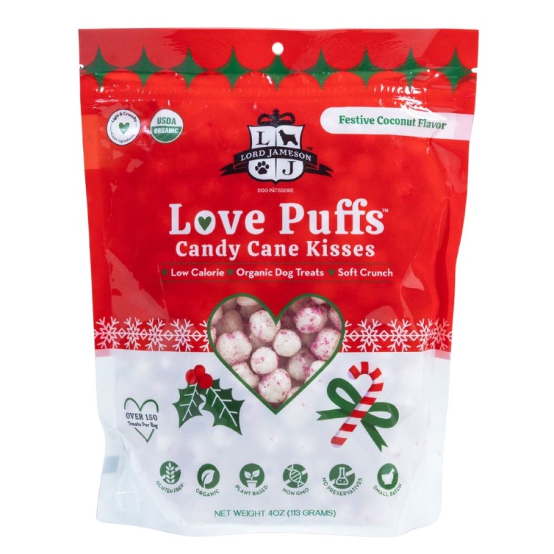 Lord Jameson Love Puffs Organic Dog Treat - Light, Crunchy & Low Calorie Holiday Snack - Candy Cane Kisses