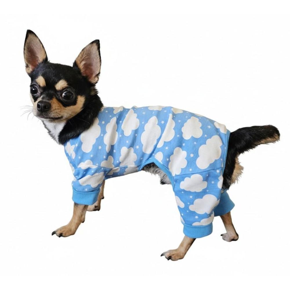 Doggie Design CuddlePup Soft Dog Pajamas - Full Body Stretch Onesie with Leash Hole - Fluffy Clouds Blue