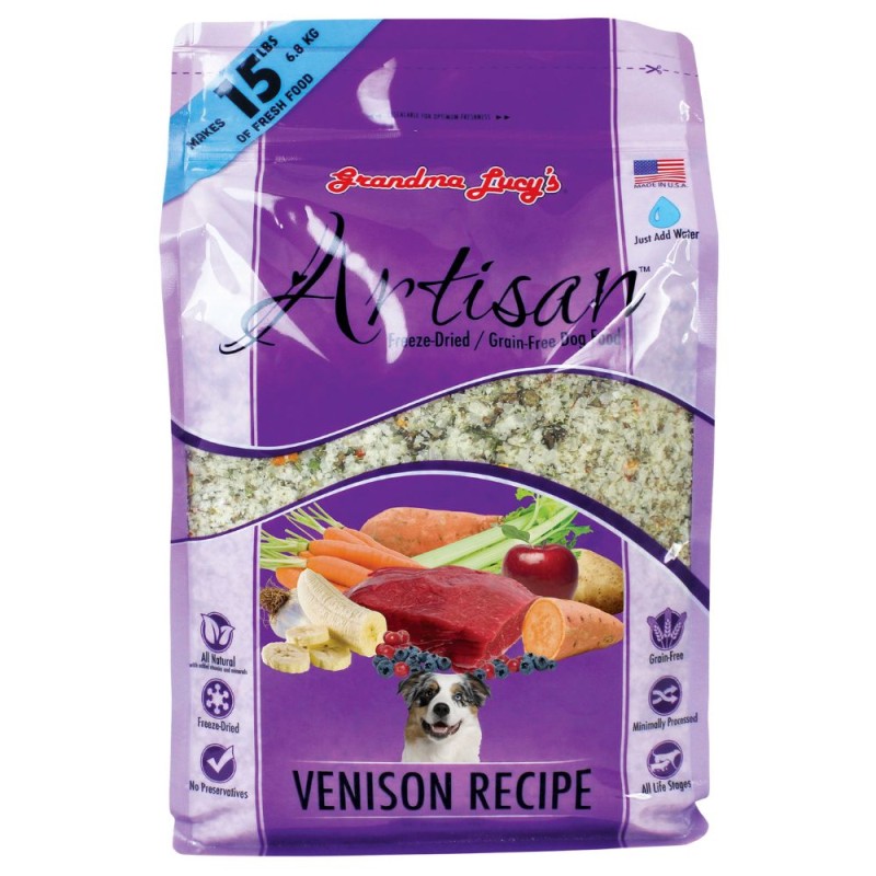 Grandma Lucy's Artisan Freeze Dried Fresh Dog Food - Grain Free All Natural Ingredients - Venison Recipe - 3 lbs Bag
