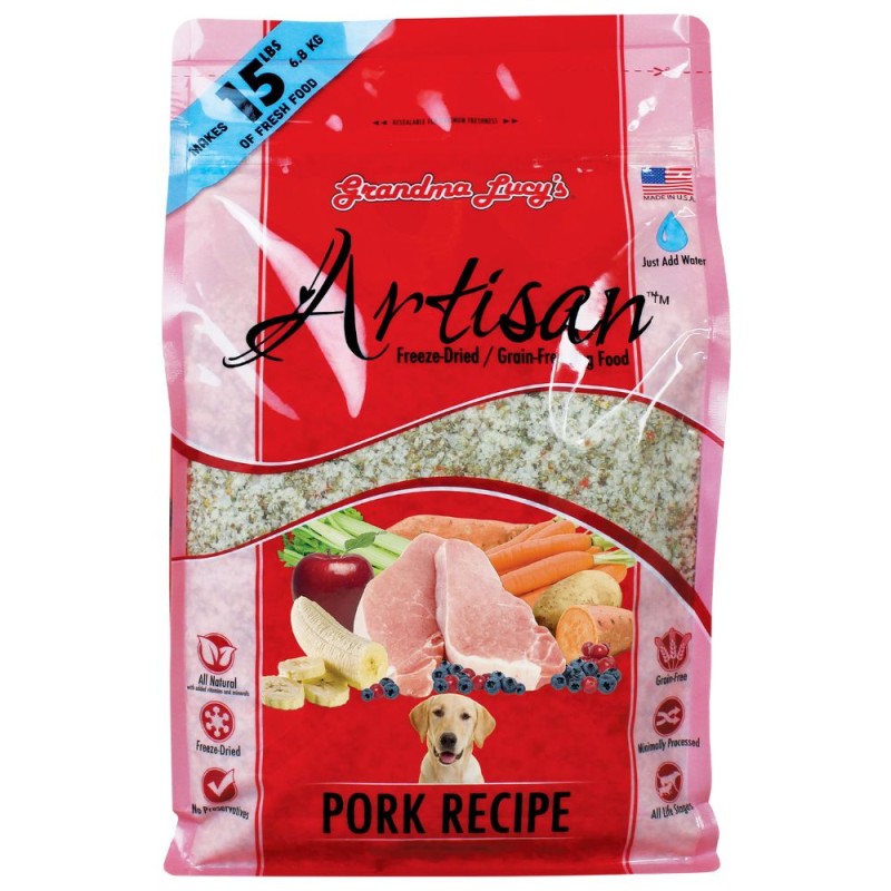Grandma Lucy's Artisan Freeze Dried Fresh Dog Food - Grain Free All Natural Ingredients - Pork Recipe - 3 lbs Bag